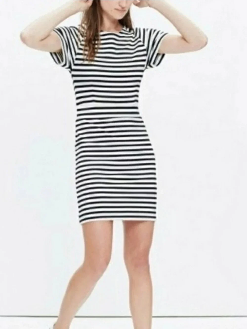 Madewell Stripe Dress Size 0 Black Off- White Knit Stretch Short Sleeve